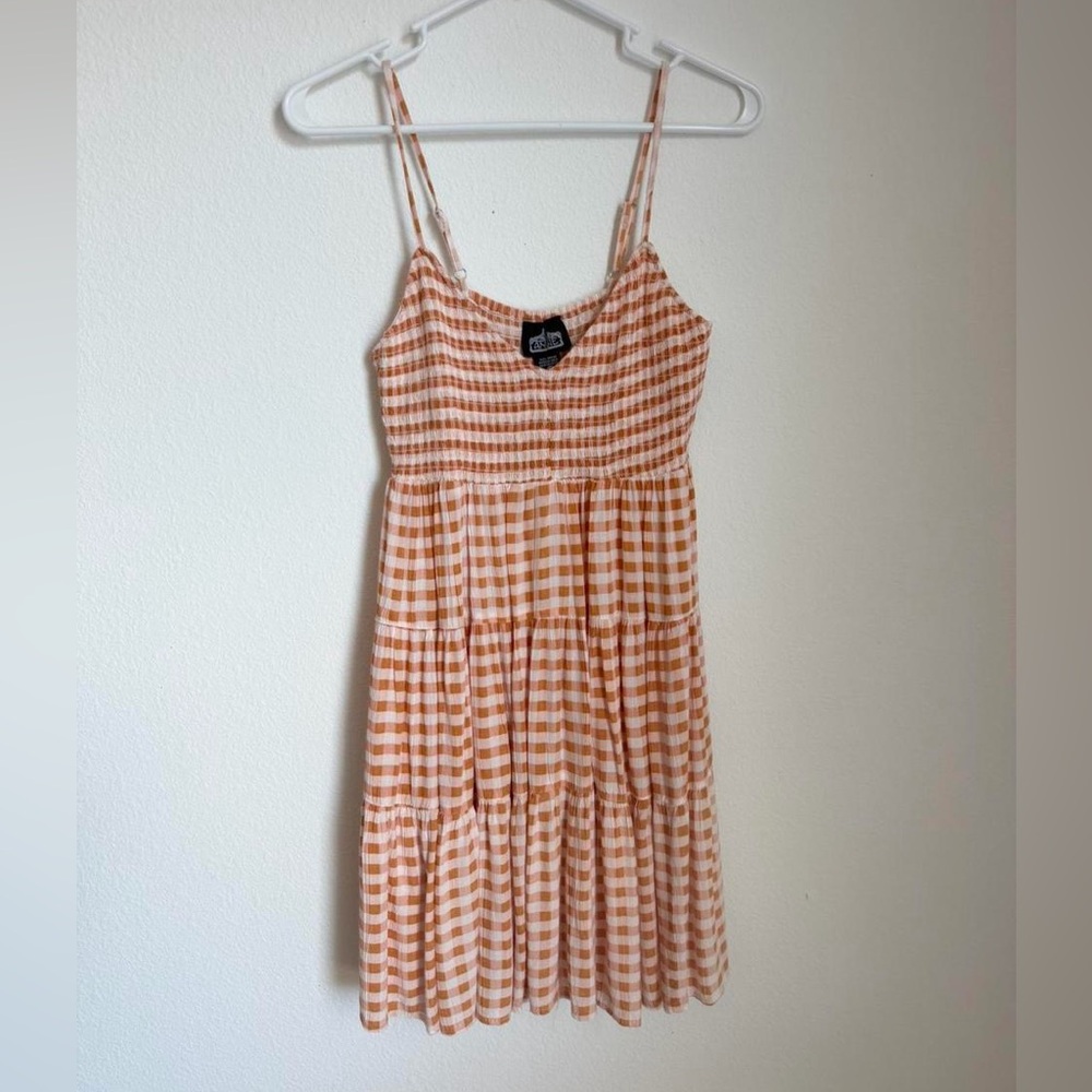 Light Orange Gingham Tiered Spaghetti-Strap Dress